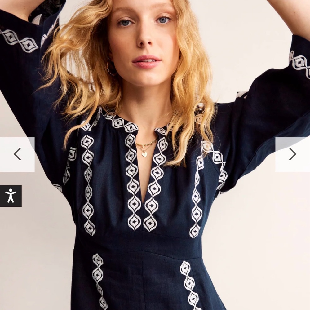 NWT Boden Una Linen Embroidered Empire Dress - Navy Size 10P